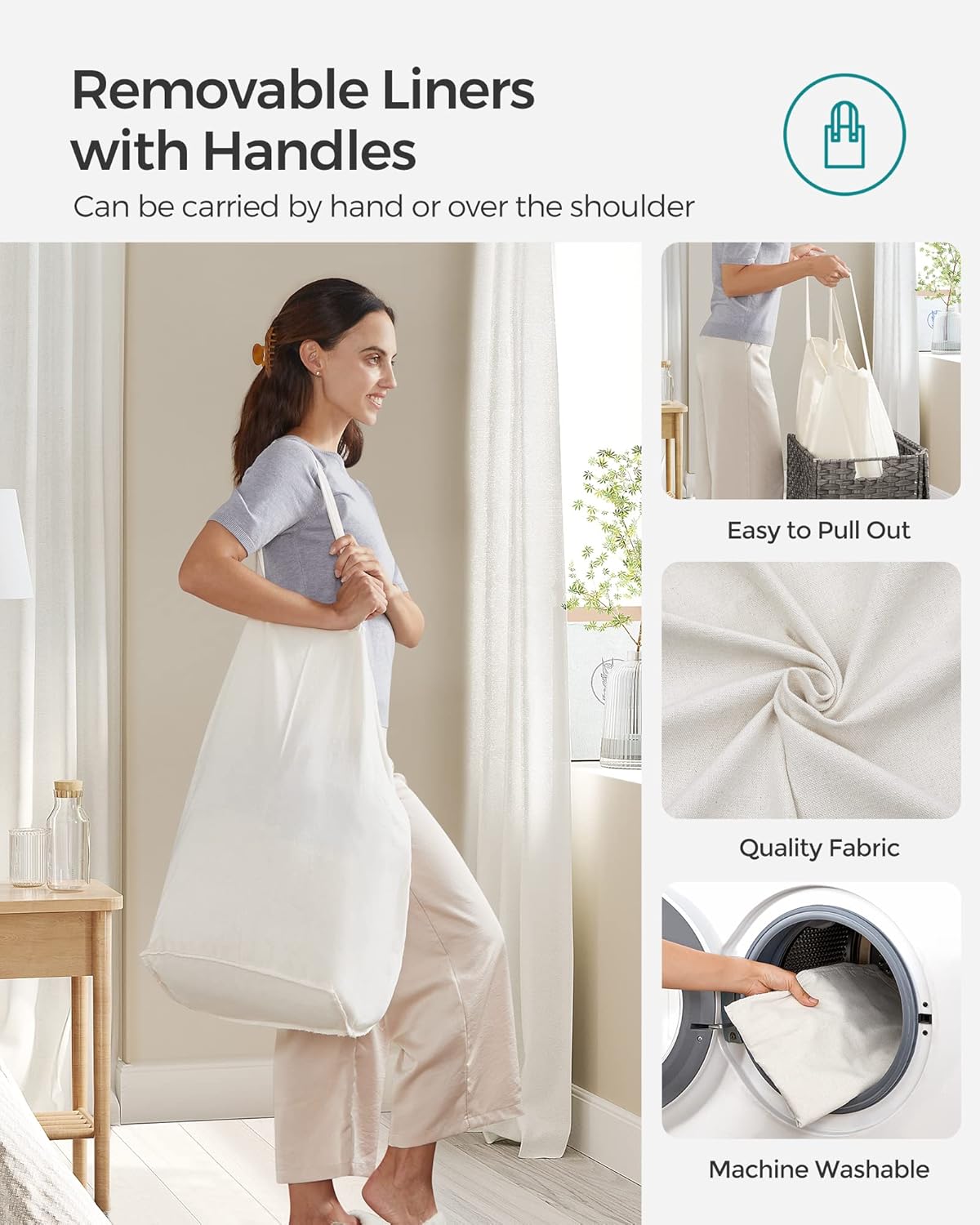 SONGMICS 130L Clothes Hamper with Lid, 2 Removable Liner Bags, 6 Mesh Bags, Wicker, Double Laundry