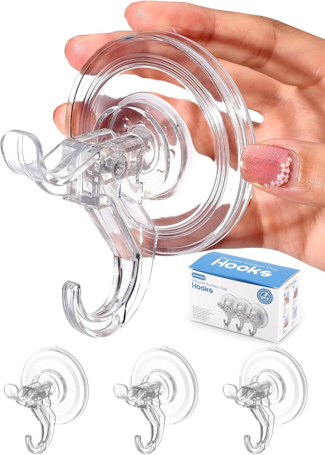 Antimbee 3 Pack Suction Cup Hooks, Clear Suction Cup Hanger, Removable Small Suction Cups for