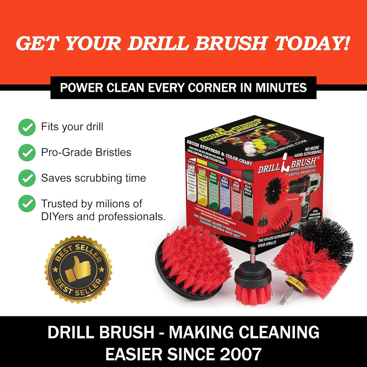 Drillbrush Heavy Duty Stiff Bristle Brush Kit – Power Scrubber Attachment for Concrete, Brick