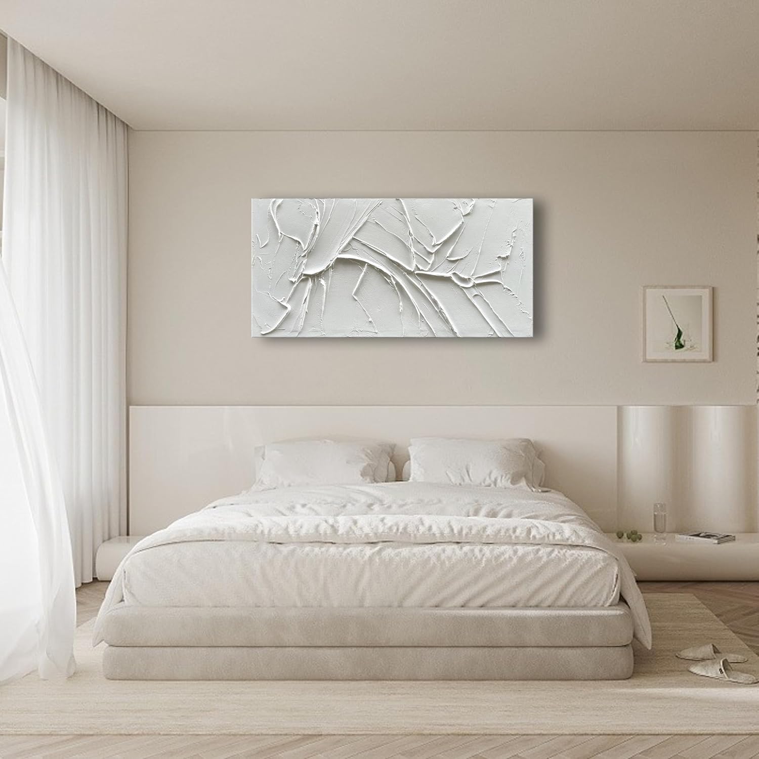 NANKAI Hand-Painted Thick Texture White Minimalist Oil Painting 24x48 Inches Contemporary Abstract