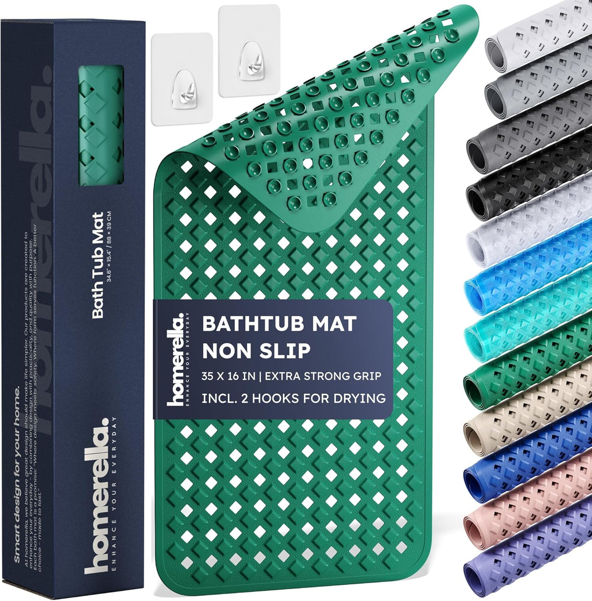 homerella® Bathtub Mat Non Slip 35x16, Incl. Hooks for Drying, Extra Long, 100% BPA Free, Shower