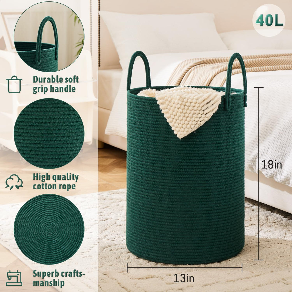Laundry Basket,Woven Cotton Rope Laundry Hamper,40L for Decorative Storage of Dirty Clothes,Toys