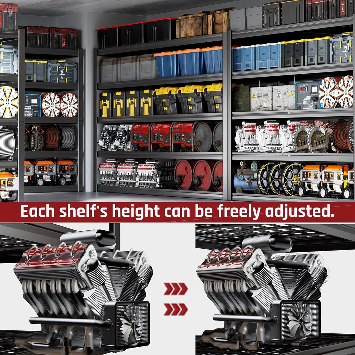 68" W Garage Shelving Heavy Duty, 5 Tier Garage Shelves, Adjustable Storage Shelving Unit