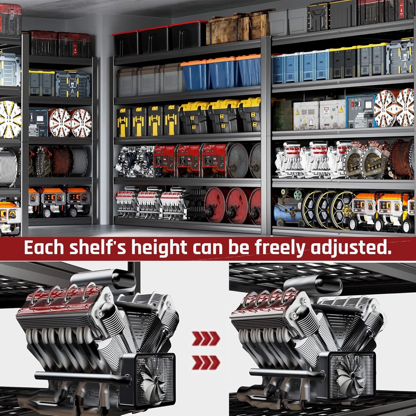 68" W Garage Shelving Heavy Duty, 5 Tier Garage Shelves, Adjustable Storage Shelving Unit