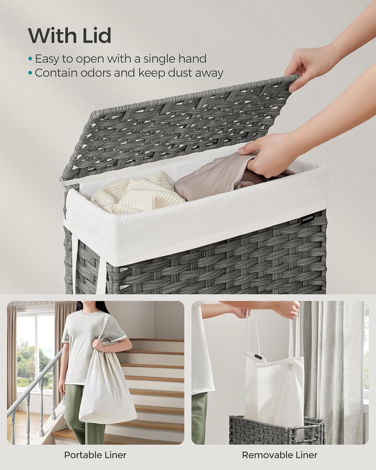 SONGMICS Slim Laundry Hamper with Lid, 14.5 Gallon (55L) Rattan Clothes Laundry Basket with Lid and