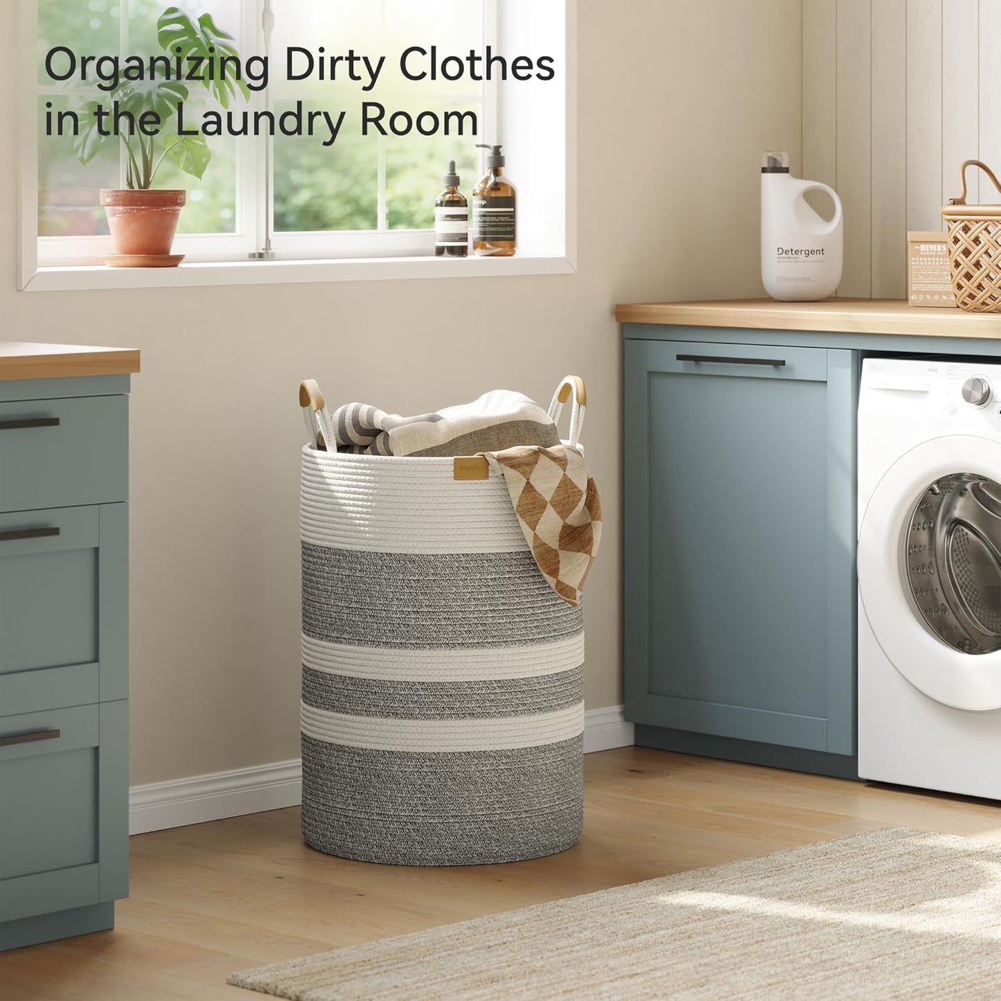 95L Striped Laundry Hamper with Leather Handles ,Large Foldable Laundry Basket for Clothes,Cotton