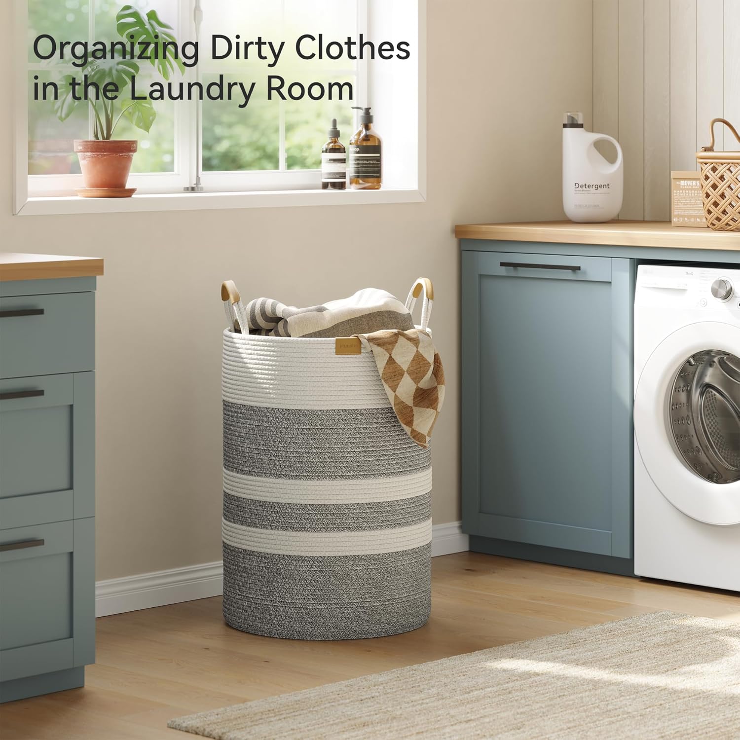 95L Striped Laundry Hamper with Leather Handles ,Large Foldable Laundry Basket for Clothes,Cotton