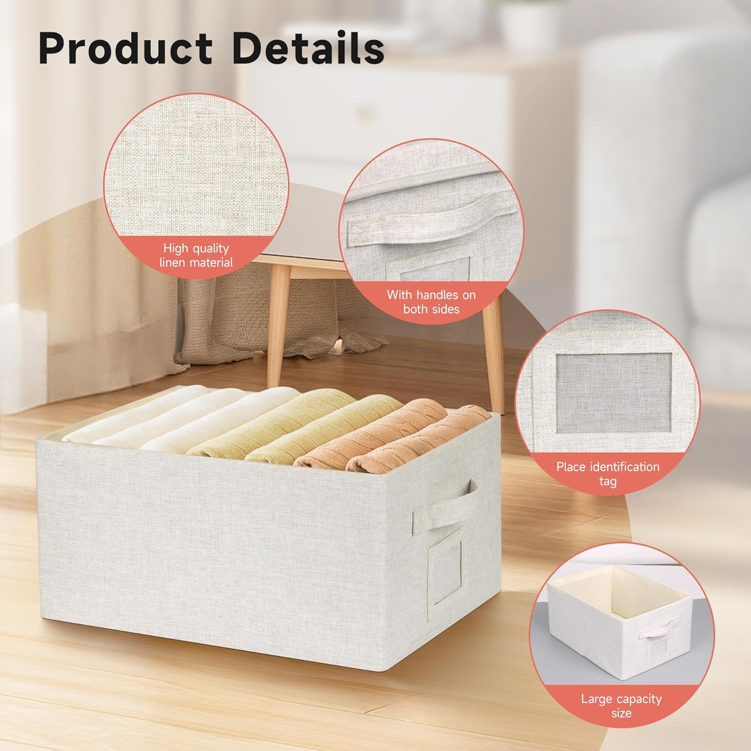 Large 17''x12'' Quart Collapsible Stackable Storage Bins with Lids, 2 Packs Off White Fabric Closet