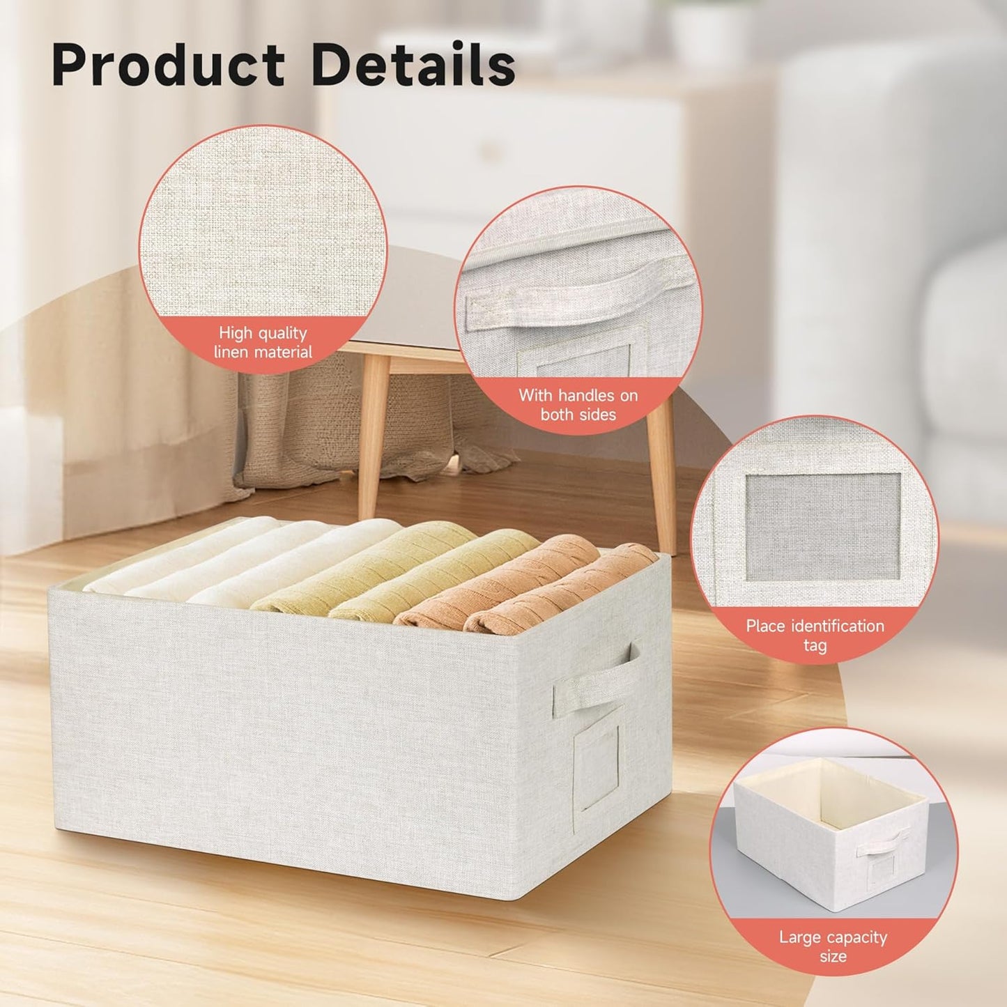Large 17''x12'' Quart Collapsible Stackable Storage Bins with Lids, 4 Packs Off White Fabric Closet