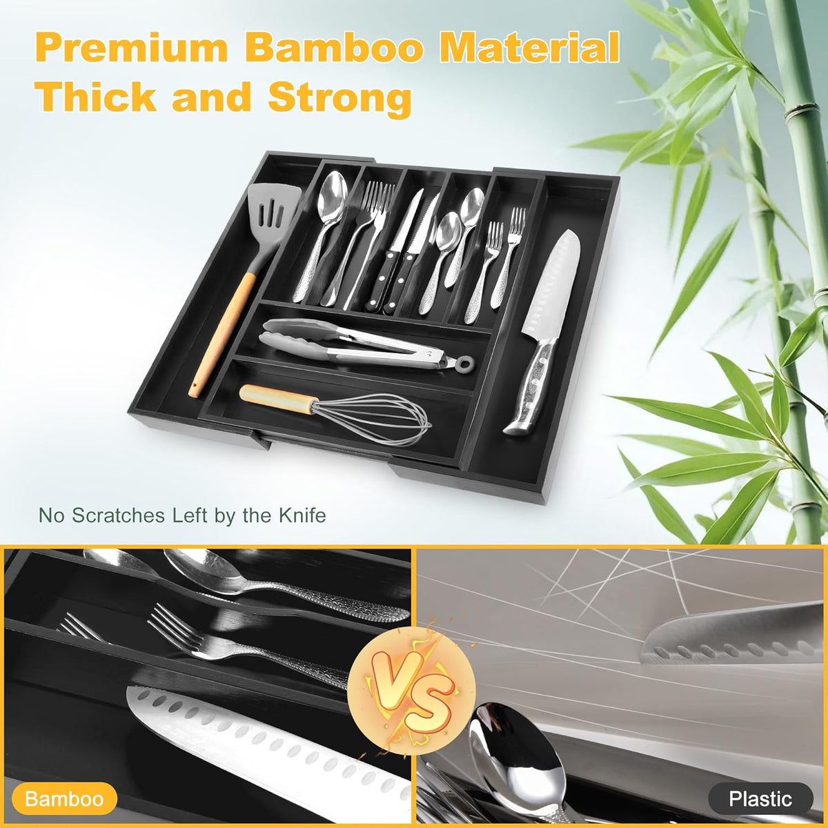 Large Premium Bamboo Silverware Organizer - Expandable Drawer Organizer & Utensil Organizer