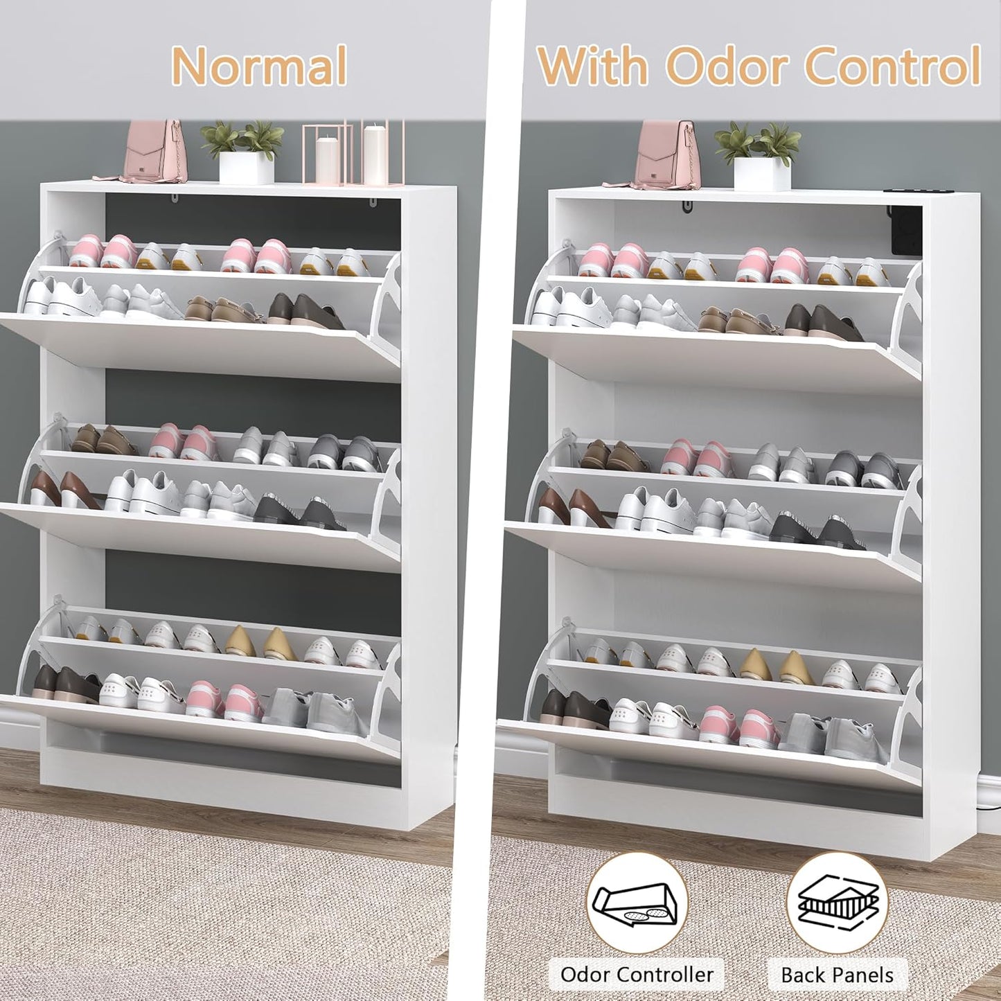 Shoe Cabinet with Odor Control and Back Panels, Deodorizing Slim 3-Flip Shoe Storage Cabinet for