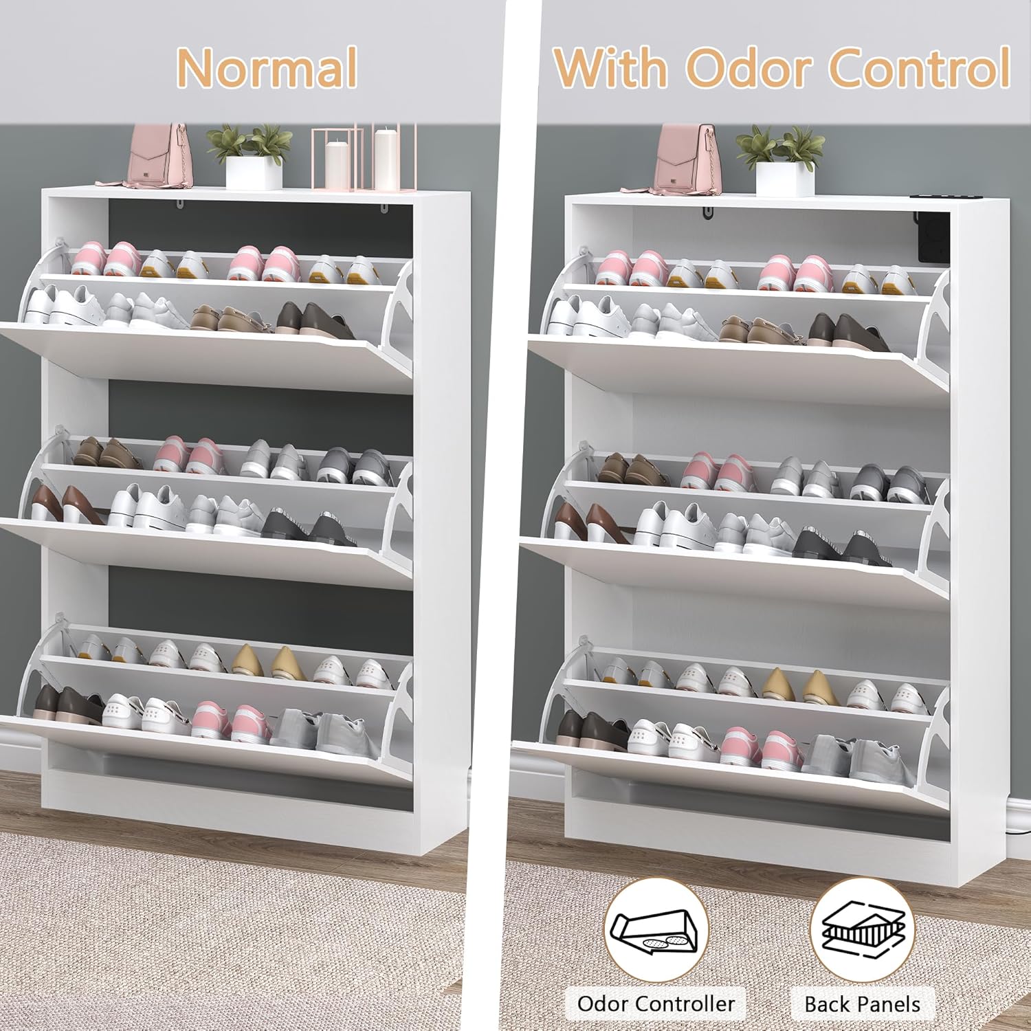 Shoe Cabinet with Odor Control and Back Panels, Deodorizing Slim 3-Flip Shoe Storage Cabinet for