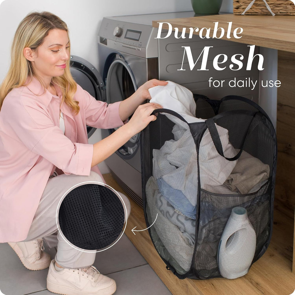 Handy Laundry Collapsible Mesh Pop Up Hamper with Wide Opening and Side Pocket - Breathable