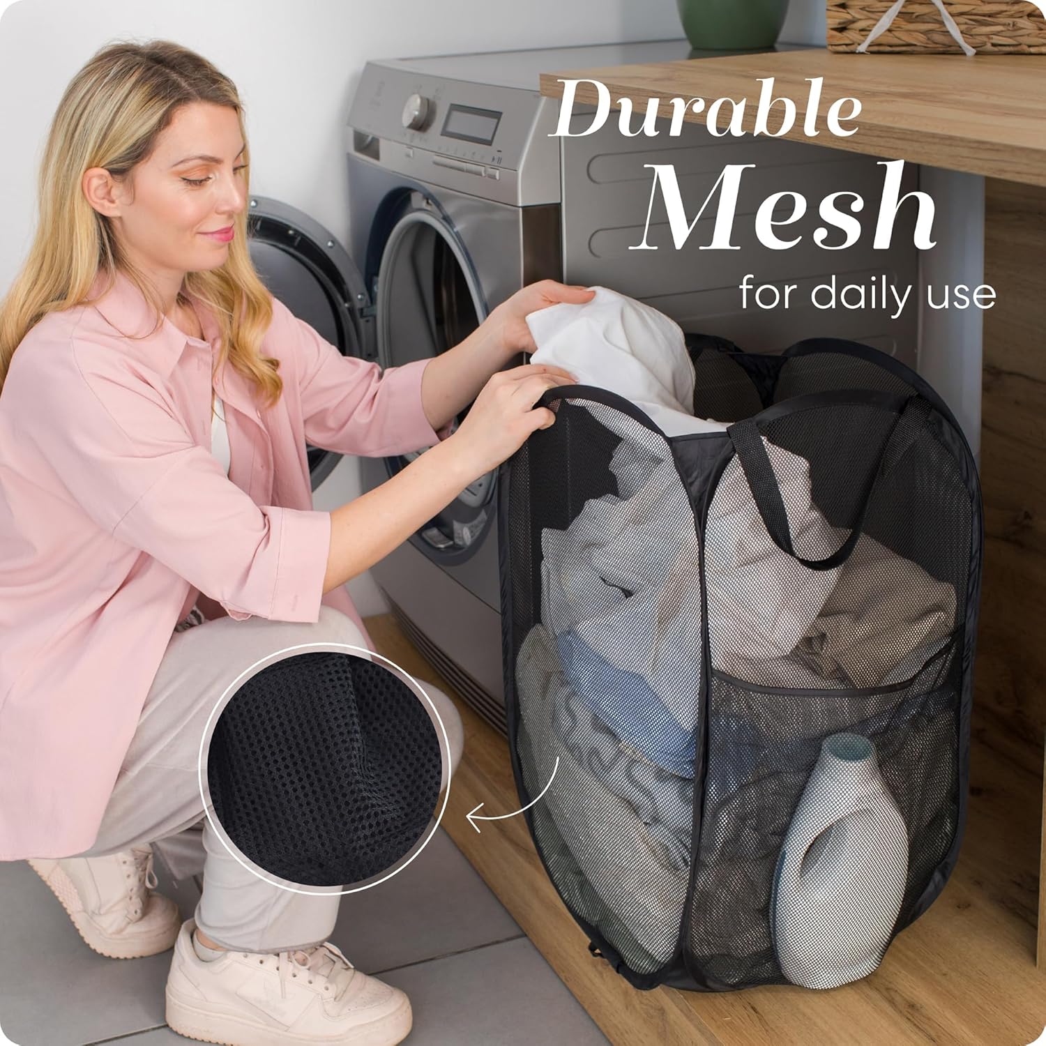 Handy Laundry Collapsible Mesh Pop Up Hamper with Wide Opening and Side Pocket - Breathable