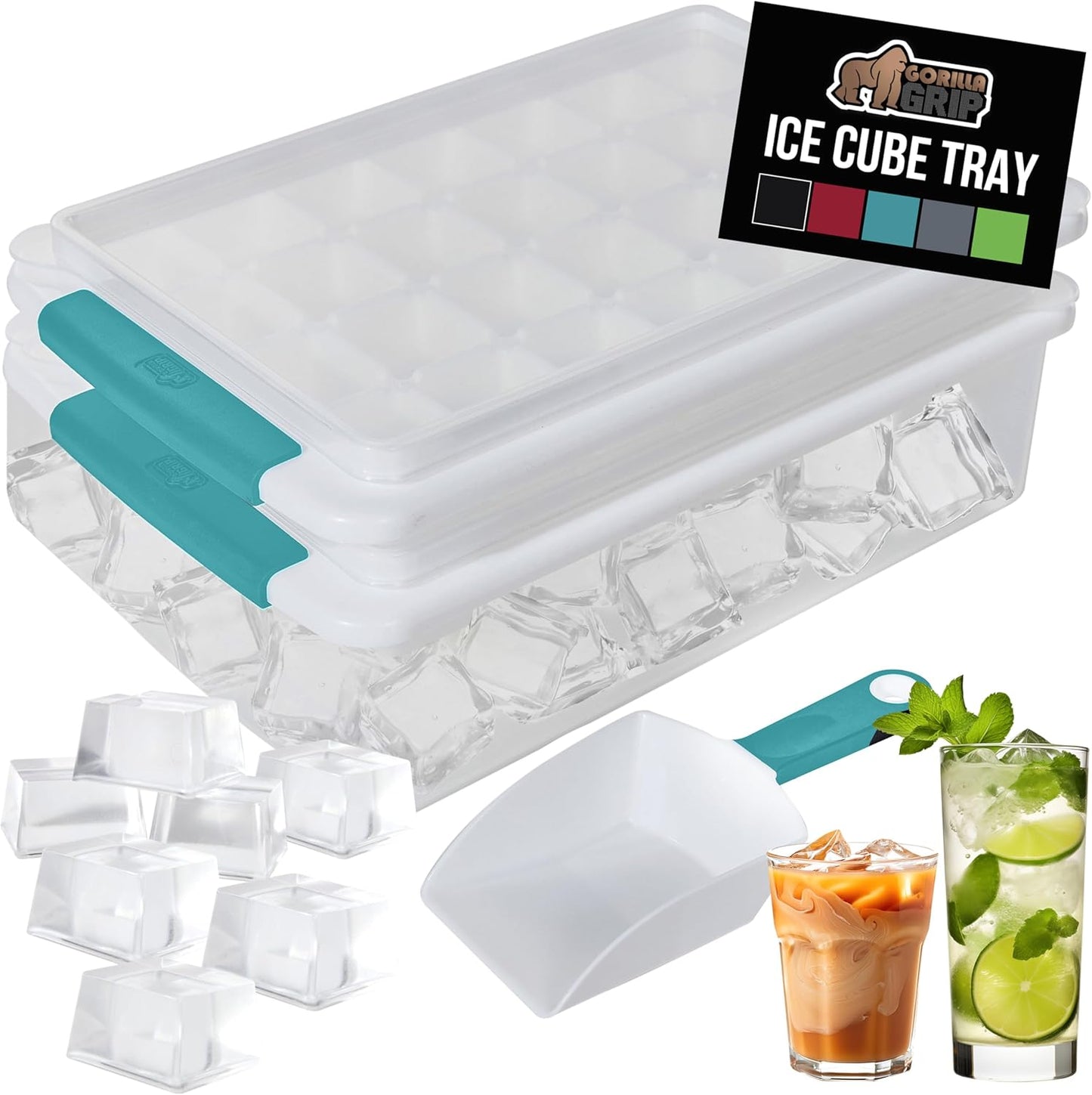 GORILLA GRIP Stackable Ice Cube Tray and Bin Set for Freezer, Includes 2 Trays with Lid and