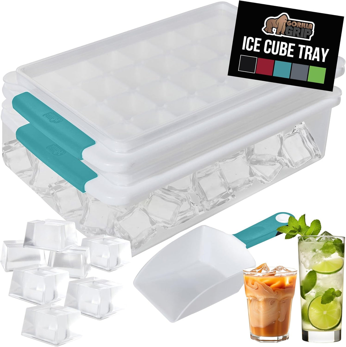 GORILLA GRIP Stackable Ice Cube Tray and Bin Set for Freezer, Includes 2 Trays with Lid and