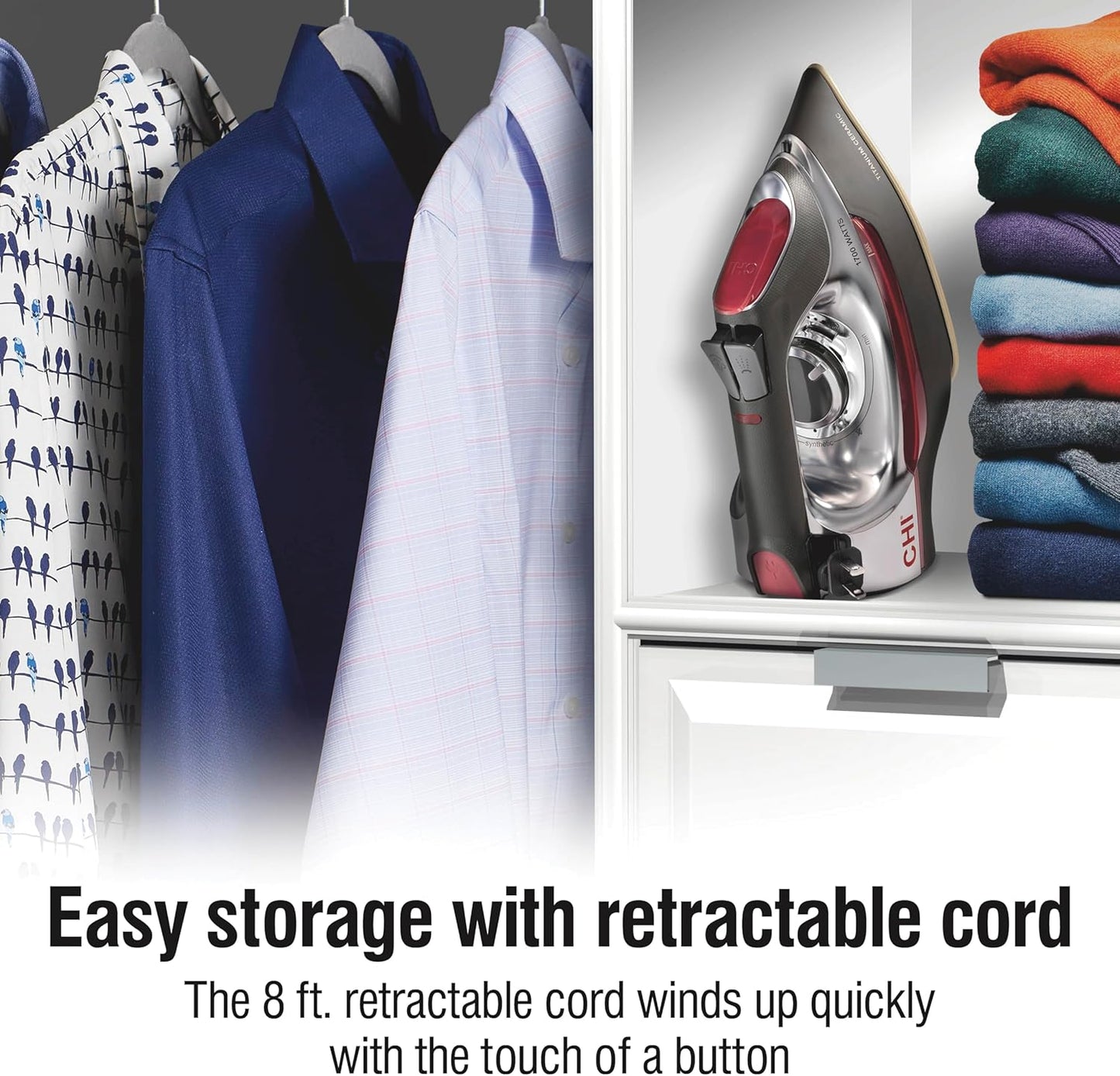 CHI Steam Iron for Clothes with 8’ Retractable Cord, 1700 Watts, 3-Way Auto Shutoff, 400+ Holes