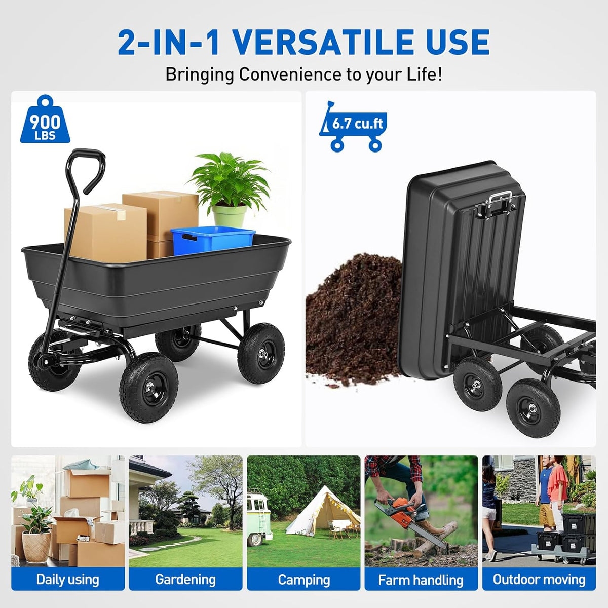 Yesker Garden Carts - 900lbs Dump Wagon with All Terrain Inflatable Wheels for Yard Lawn Farms