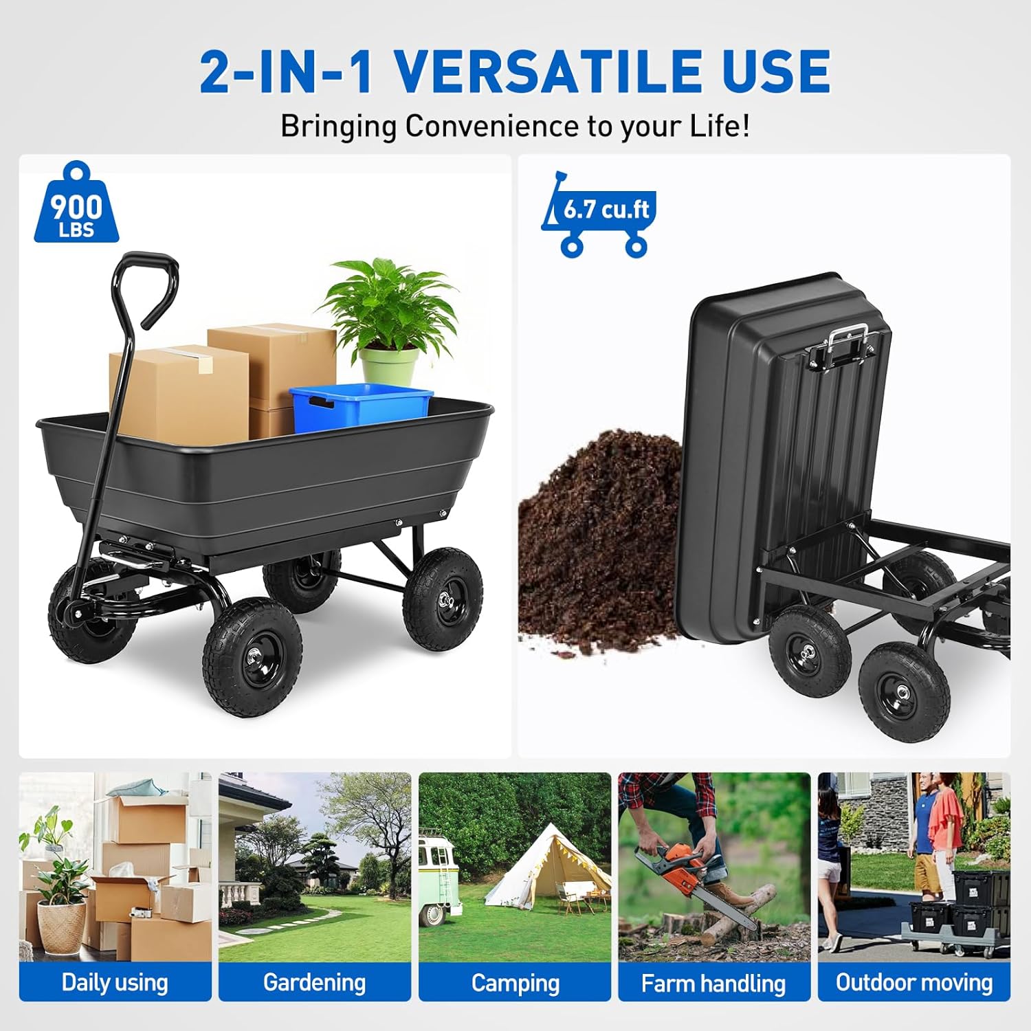 Yesker Garden Carts - 900lbs Dump Wagon with All Terrain Inflatable Wheels for Yard Lawn Farms