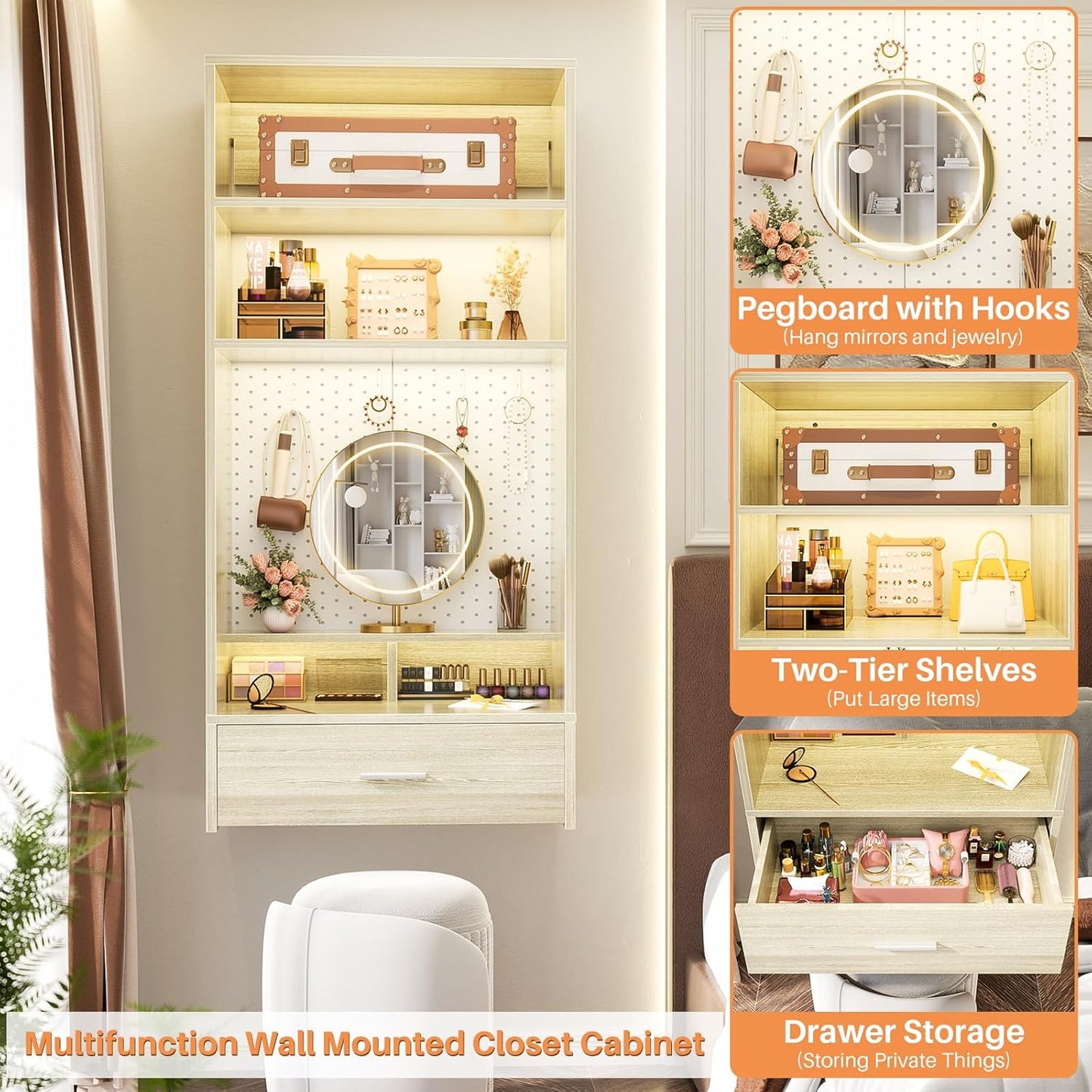 Unikito 24 inch Closet System with Drawers and Magnetic Pegboard, Wall Mounted Closet Organizer