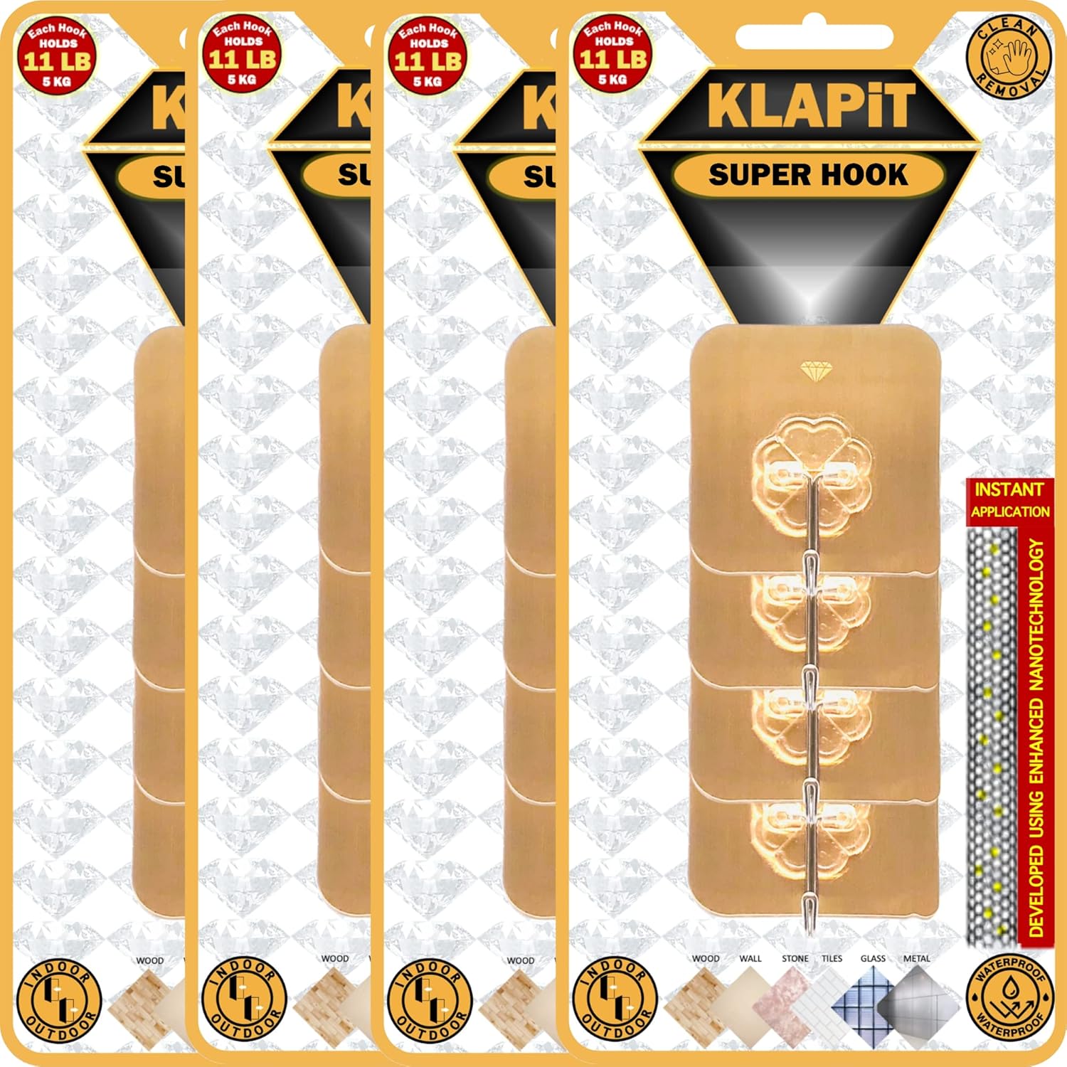 KLAPiT Super Hook - Heavy-Duty Adhesive Gold Wall Hooks, Holds Up to 11 lbs, Waterproof, No Damage