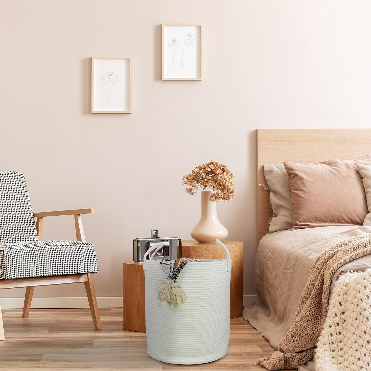 Cotton Rope Laundry Basket Hamper for Clothes Decorative Woven Storage Basket for Living Room