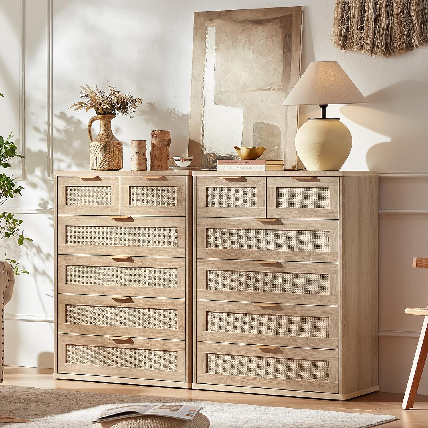 LEYAOYAO Rattan Dresser for Bedroom, 42" Tall Chest of Drawers, Modern 6 Drawers Boho Dressers with