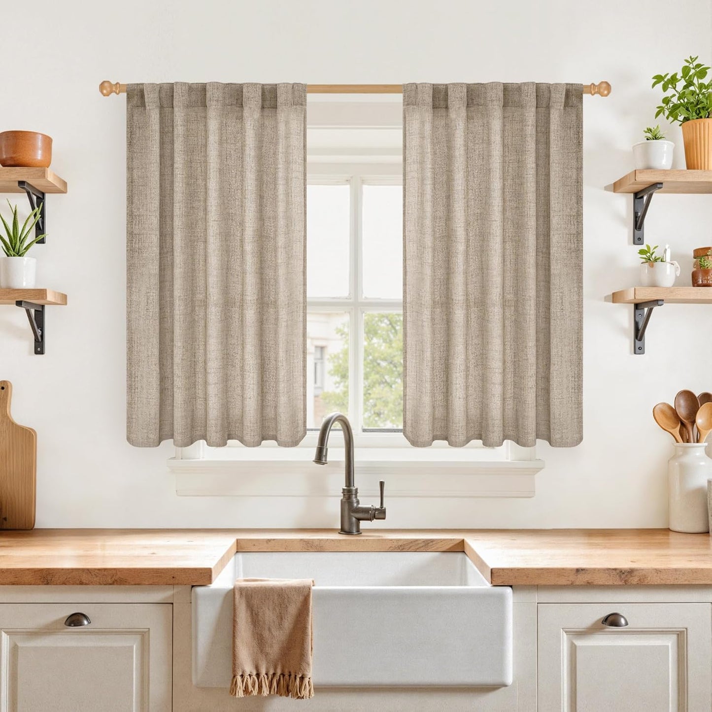 YoungsTex Dark Oatmeal Linen Curtains 40 Inch Length for Kitchen Window, Short Semi Sheer Drapes
