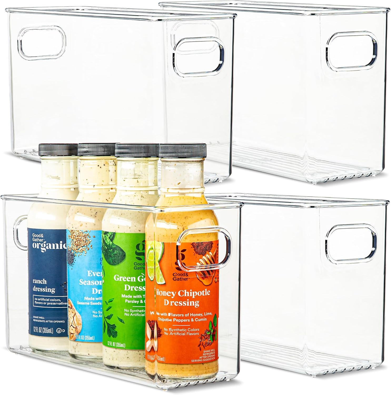 Plastic Food Storage 4 Pack Clear Container Bin with Handles for Organizing Kitchen, Pantry