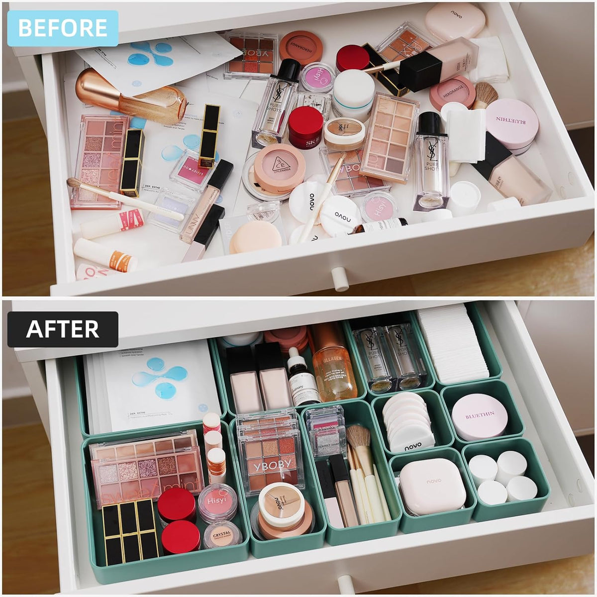 11-Piece Stackable Drawer Organizer Set, Multi-size Desk Drawer Organizer Trays Vanity Storage Bins