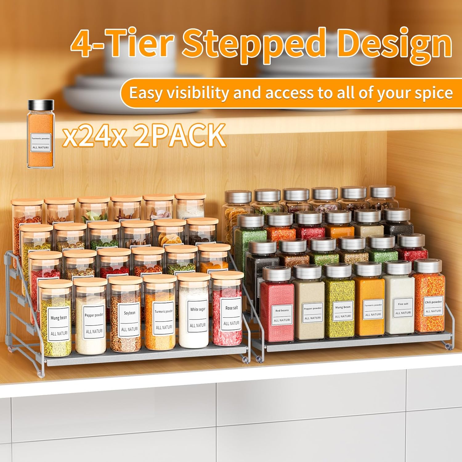 RCHYFEED 4 Tier Spice Rack Organizer, Spice Organization for Cabinet,Pantry, Countertop,Tiered