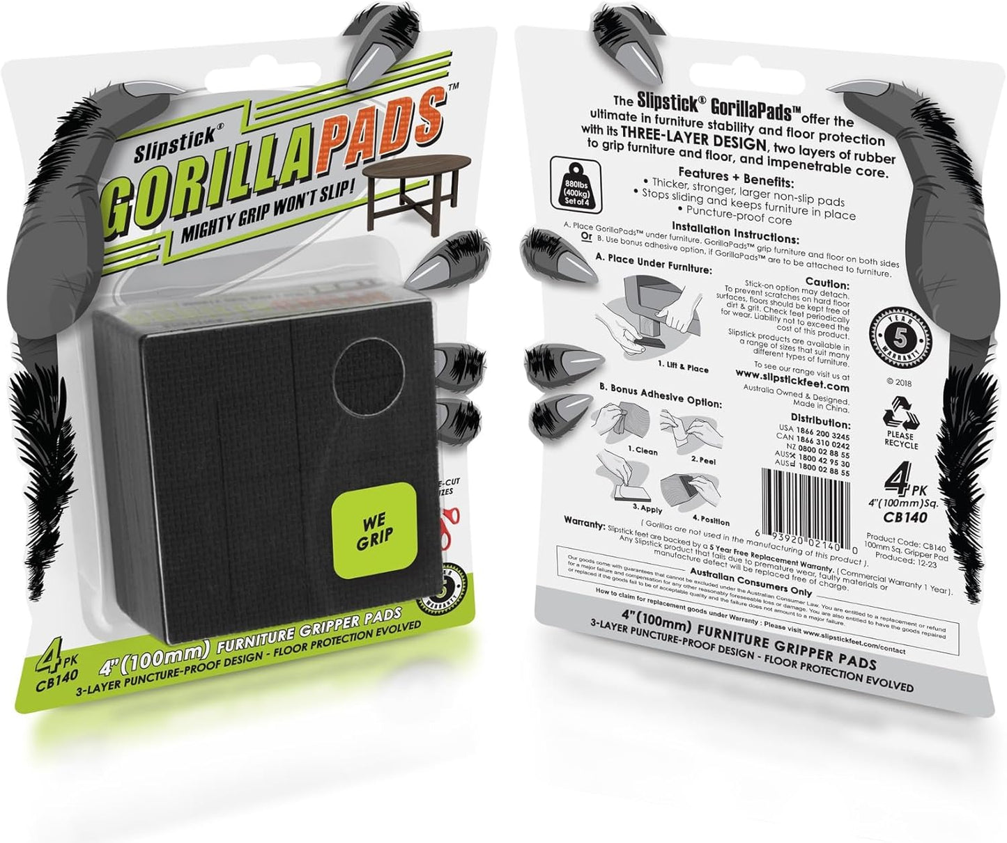 Slipstick GorillaPads 4 Inch Non Slip Furniture Gripper Pads (Pre-Scored to Cut to Size) Stops