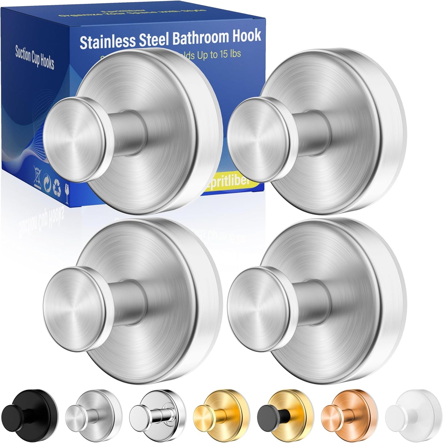 Suction Cup Hooks for Shower,Removable No Drill Towel Hooks,Upgraded 15 lbs Strong Suction hooks