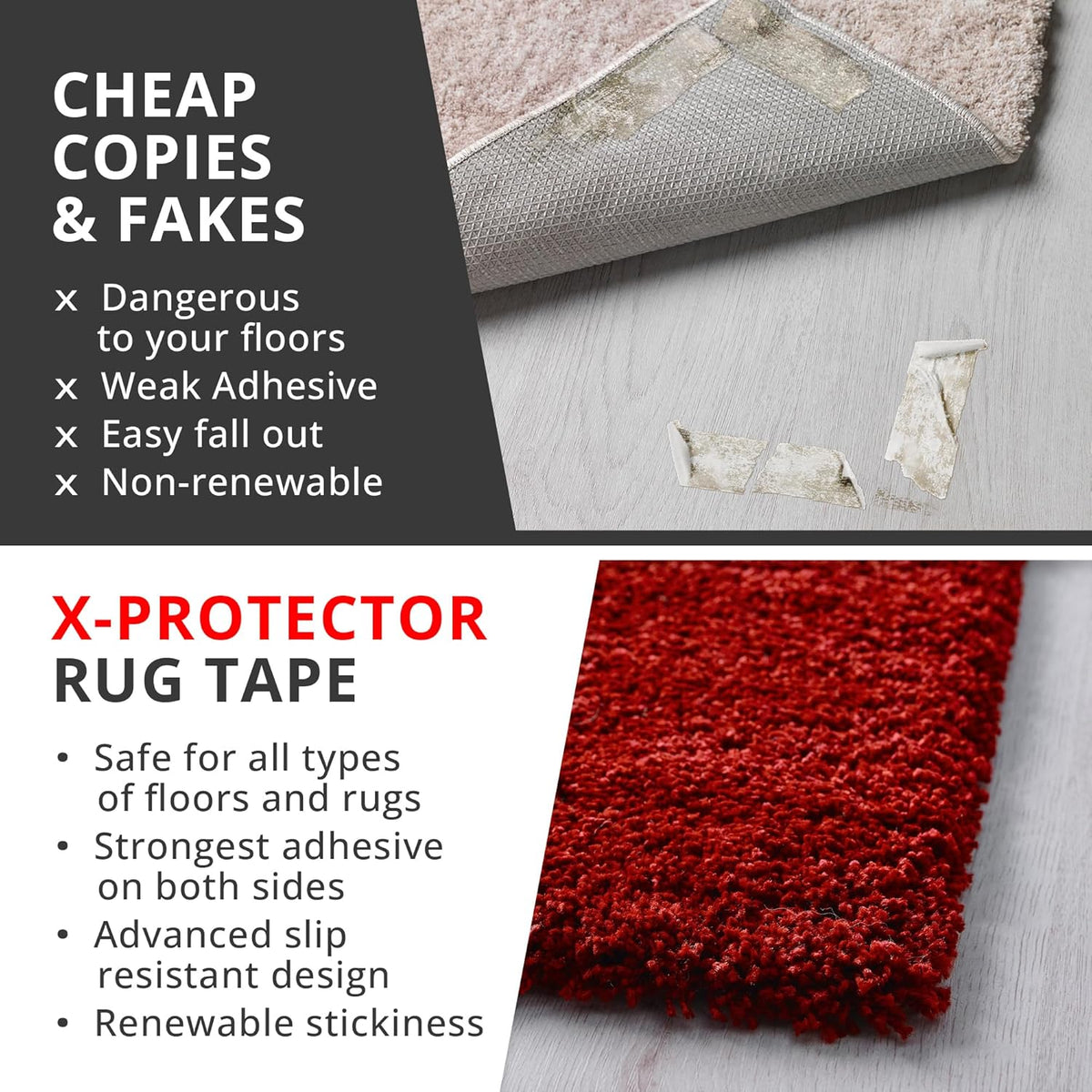 X-Protector Rug Tape - 8 Pcs Set - White Anti-Slip & Anti-Curling Carpet Tape for Hard Floors