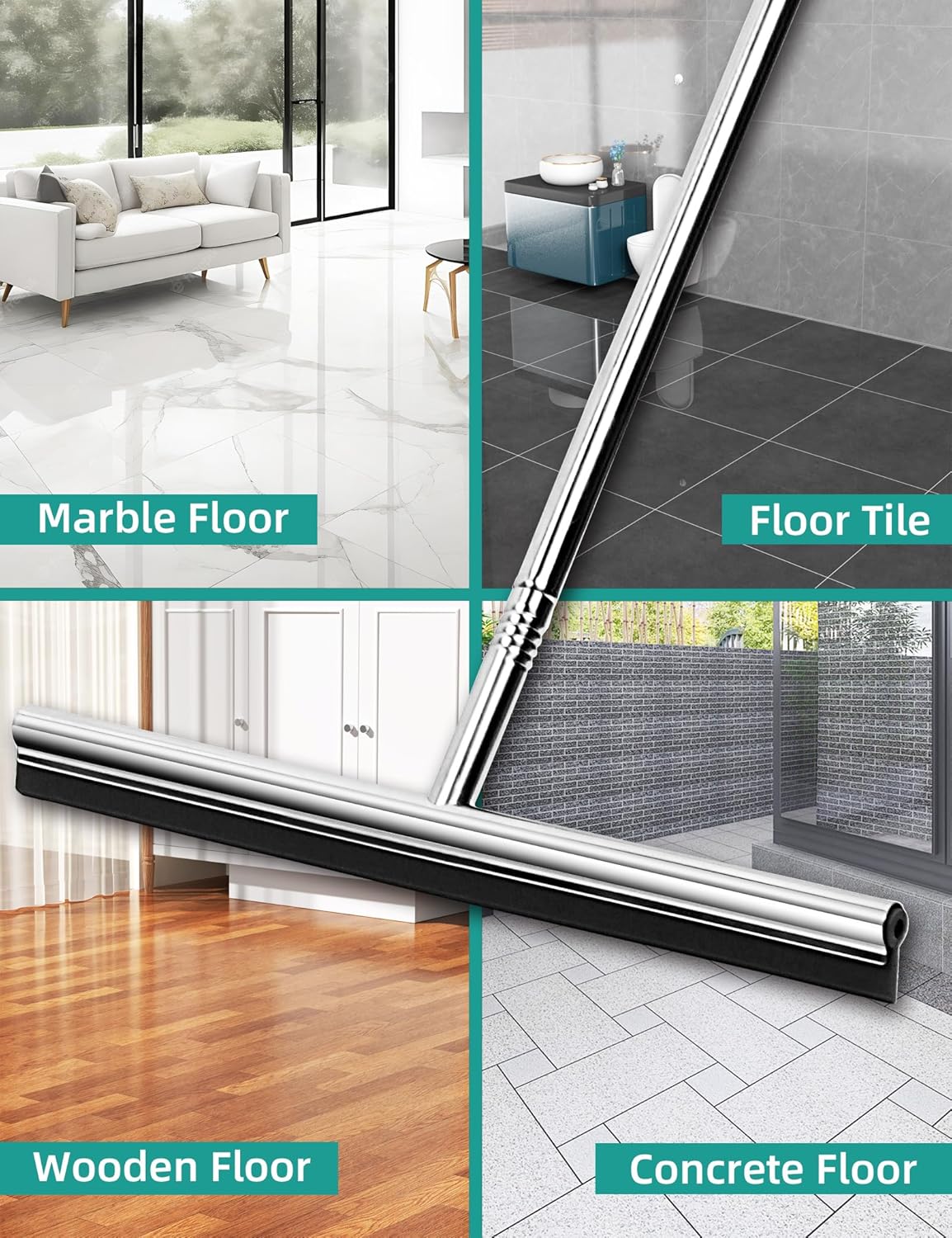 Floor Squeegee Scrubber 59inch Long Stainless Steel Handle with 15inch Wide Silicon Rubber Blade