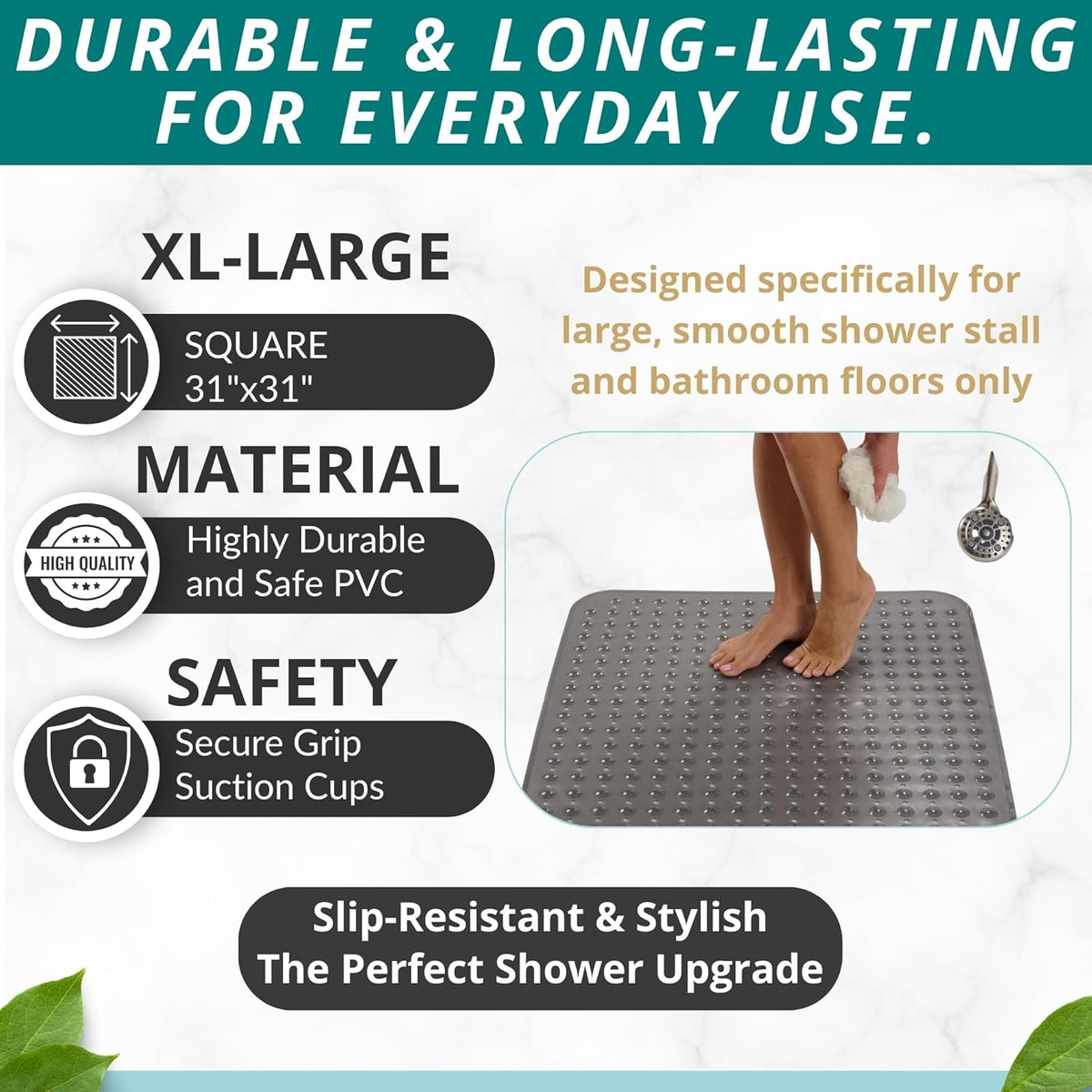 ENKOSI Extra Large Square Non Slip Shower Mat - 31 x 31-inch XL Bathroom Shower Mat - Square Shower