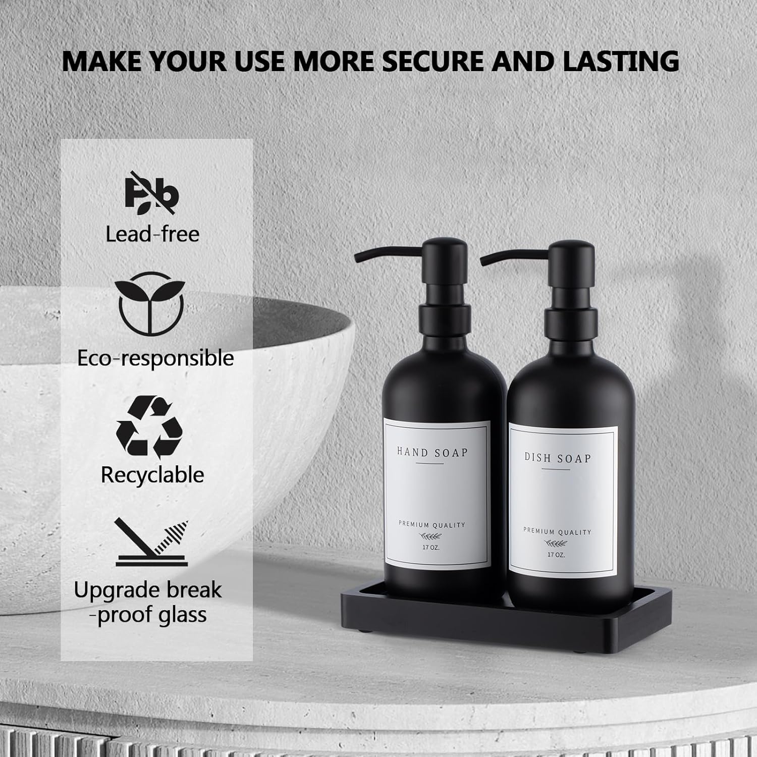 Black Thick Glass Soap Dispenser - Farmhouse Kitchen Dish &Hand Soap Dispenser Set, 304 Rustproof