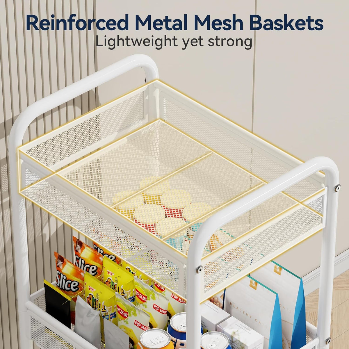 YASONIC 3 Tier Rolling Cart – Metal Utility Storage Cart with Wheels, Craft Carts Organizer with