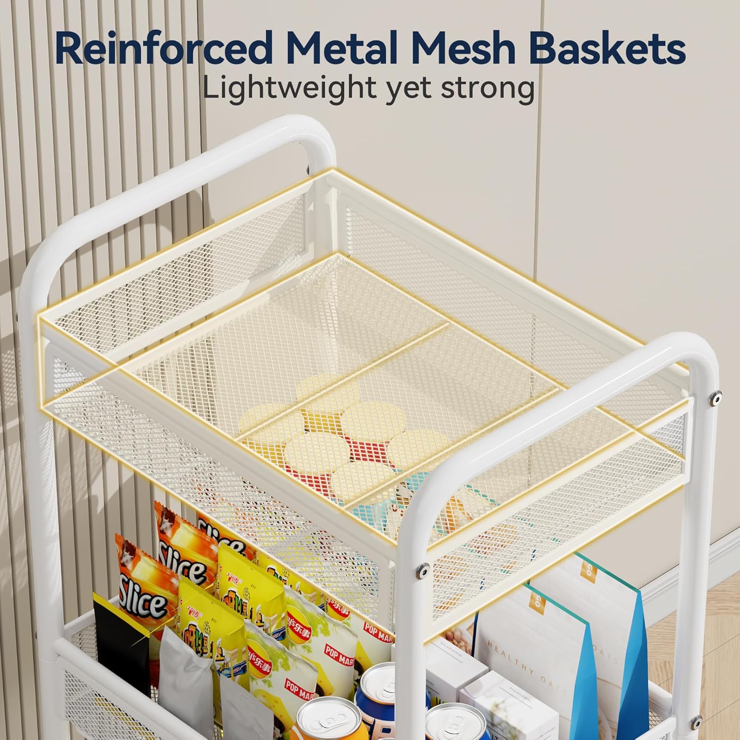 YASONIC 3 Tier Rolling Cart – Metal Utility Storage Cart with Wheels, Craft Carts Organizer with