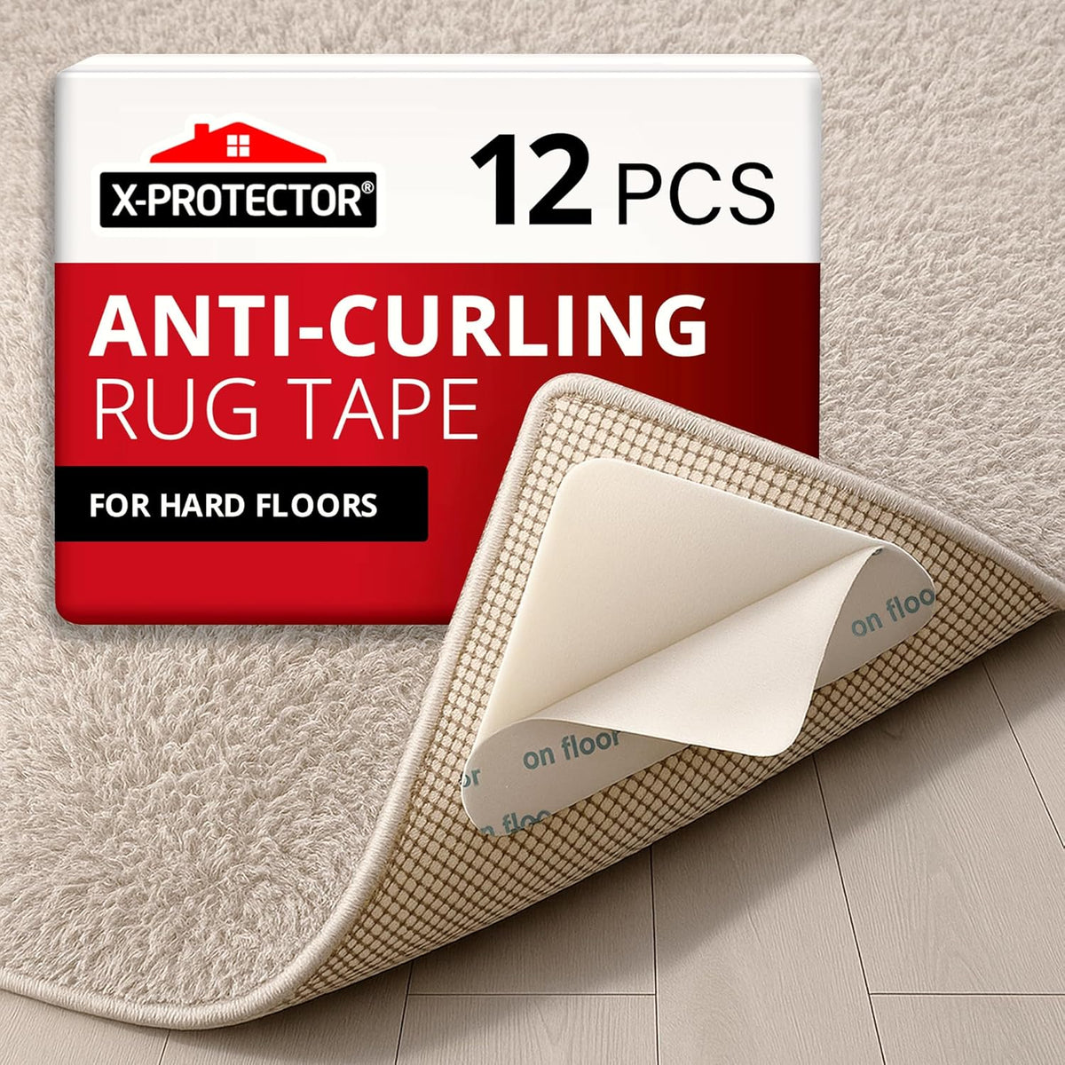 X-Protector Rug Tape - 12 Pcs Set - White Anti-Slip & Anti-Curling Carpet Tape for Hard Floors