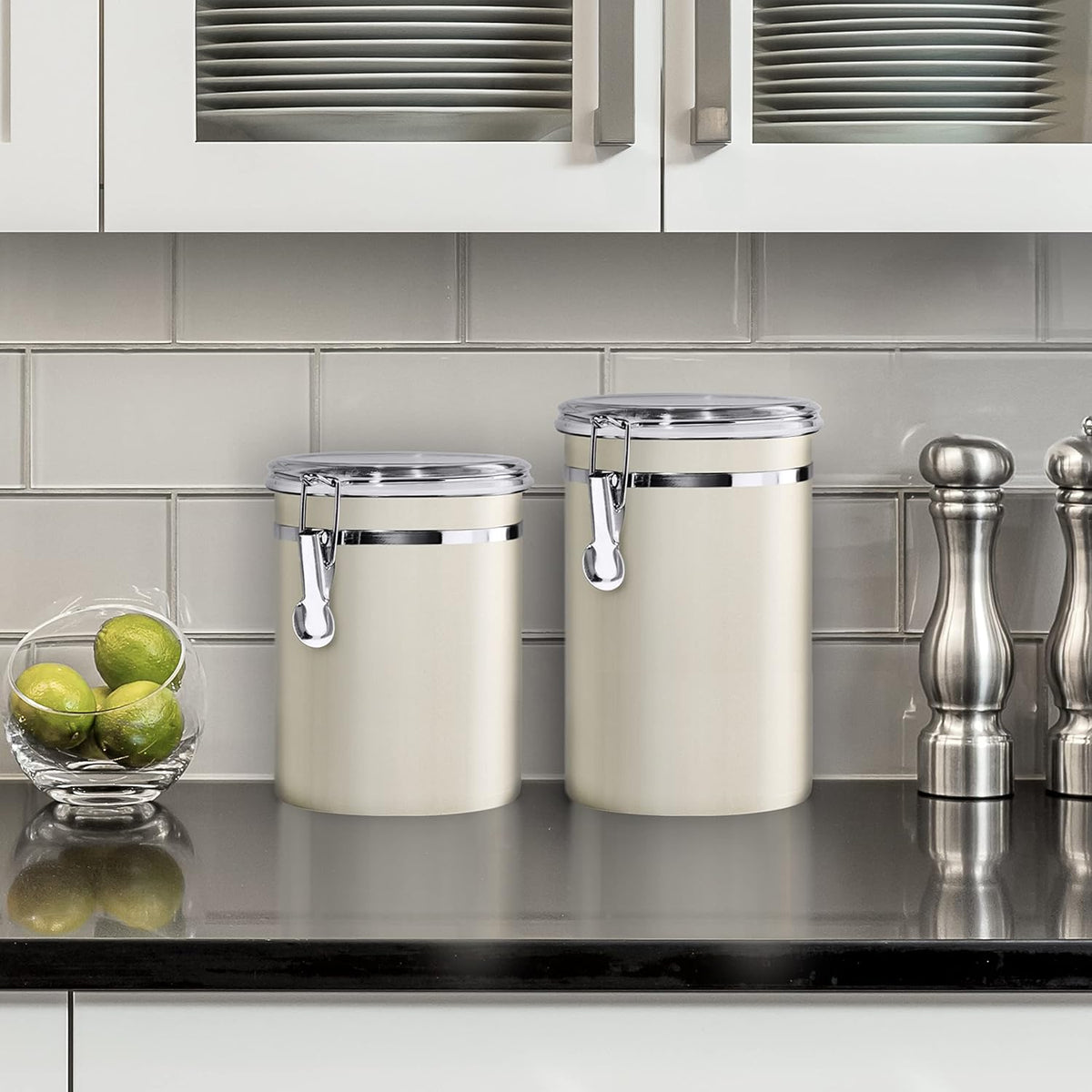 Oggi Stainless Steel Kitchen Canister 26 fl oz, Gray - Airtight Clamp Lid, Clear See-Thru Top