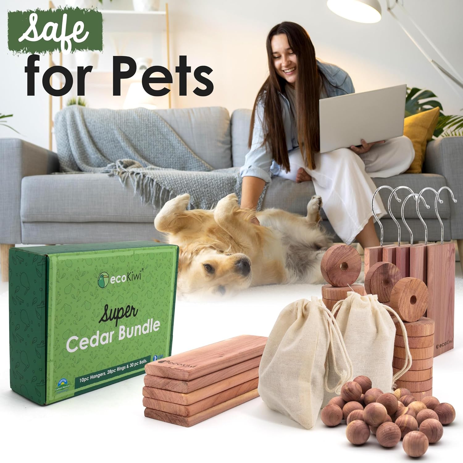 ecoKiwi Cedar Blocks for Clothes Storage Super Bundle Box - Cedar Hangers x10, Balls x30 & Rings