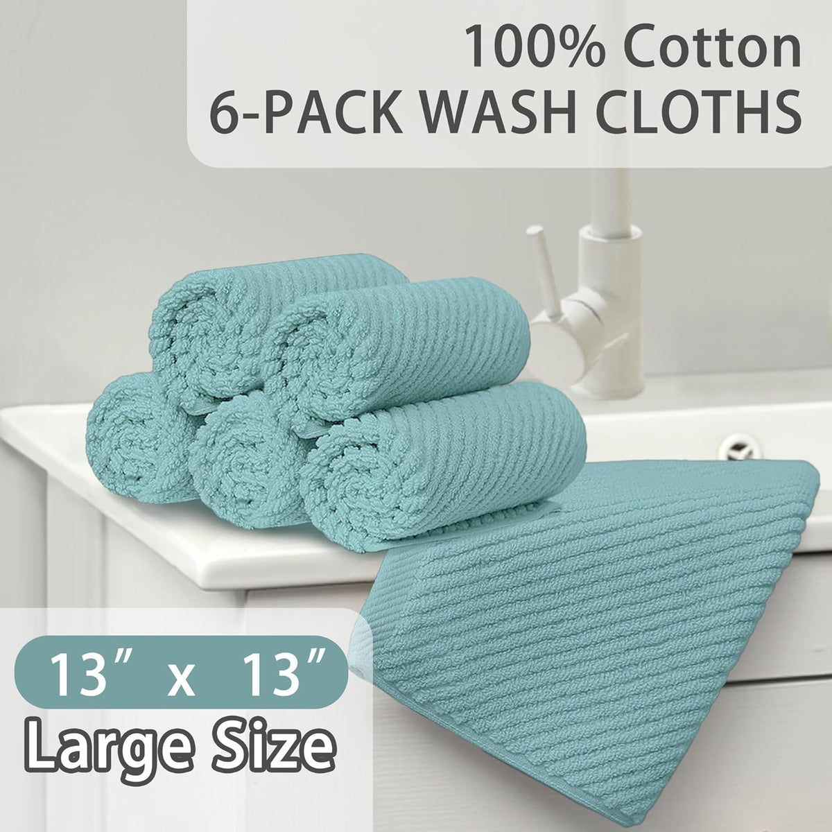Wash Cloths for Your Face, 6 Pack Large 13"x13" - 100% Cotton | Lightweight | Thick | Quick Dry |