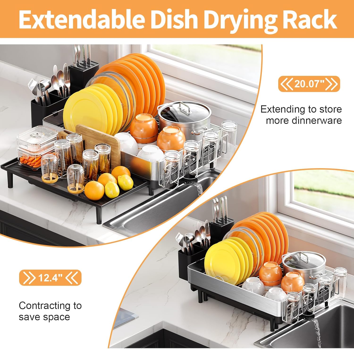 Expandable Dish Drying Rack for Kitchen Counter, 304 Stainless Steel Dish Rack, Multi-Function Dish