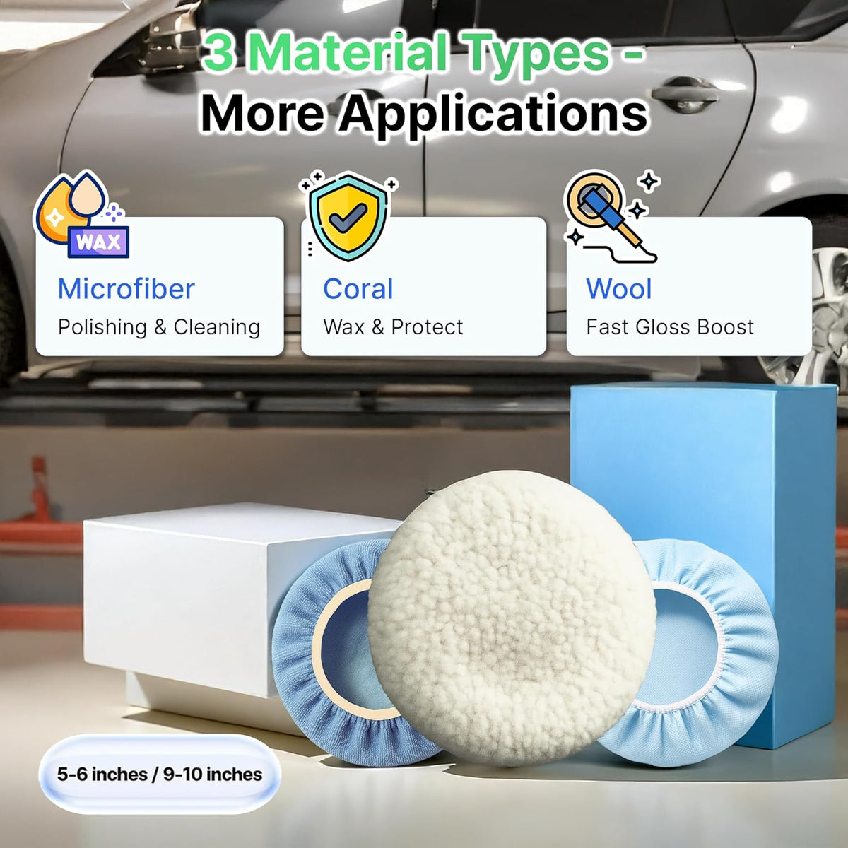 6 Pack Buffing Pads, Polishing Pad Covers, Microfiber & Wool for 5–6 Inch Buffer Polisher; Car