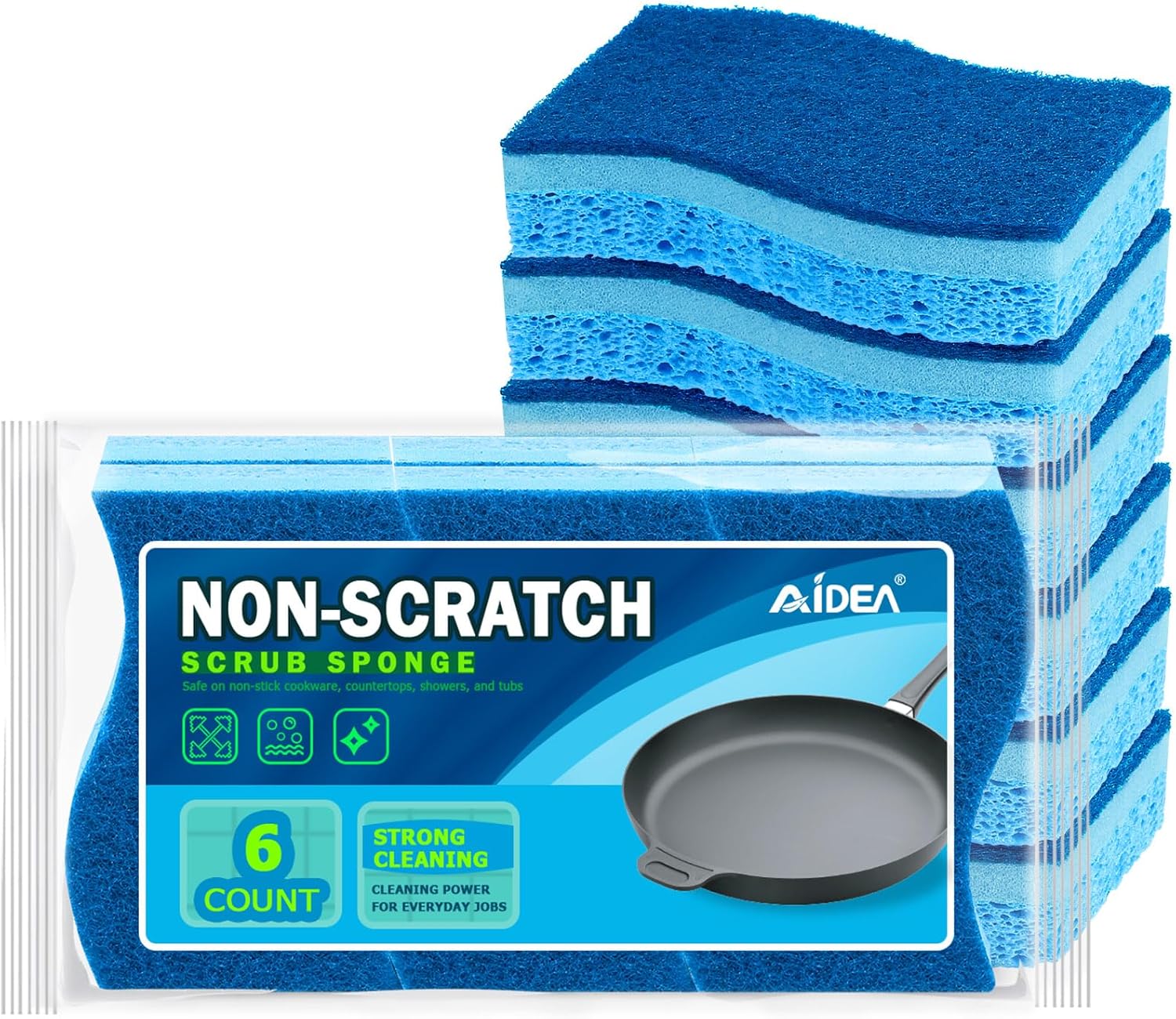 AIDEA Sponges Kitchen, Non-Scratch Scrub Sponge, 6Count, Sponges for Non-Stick Cookware, Kitchen