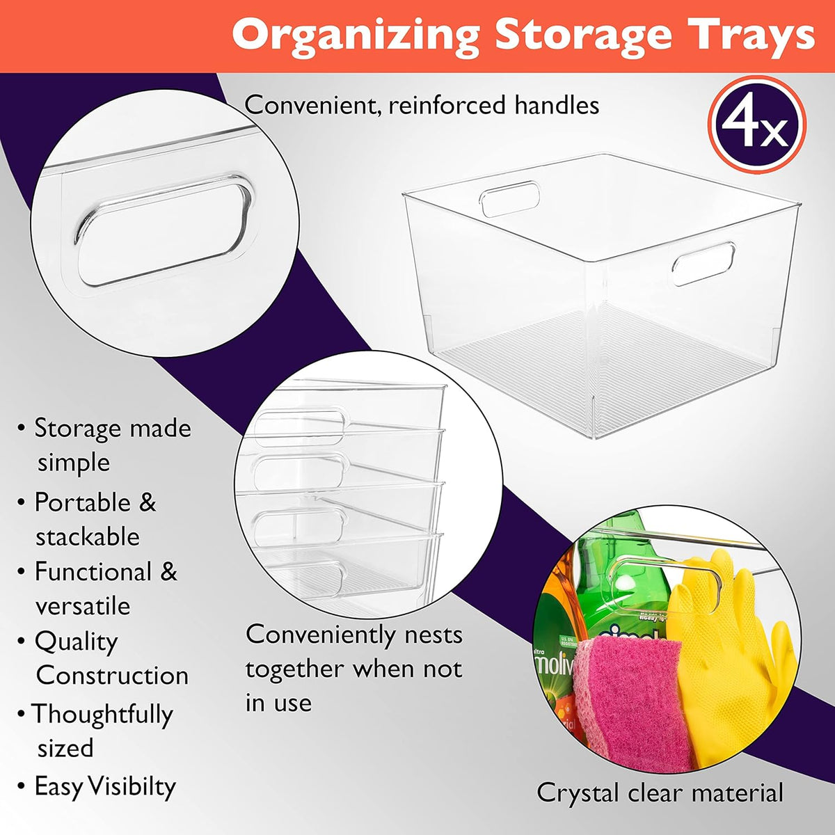 ClearSpace Clear Plastic Storage Bins – XL 4 Pack Perfect for Kitchen,Fridge, Pantry Organization