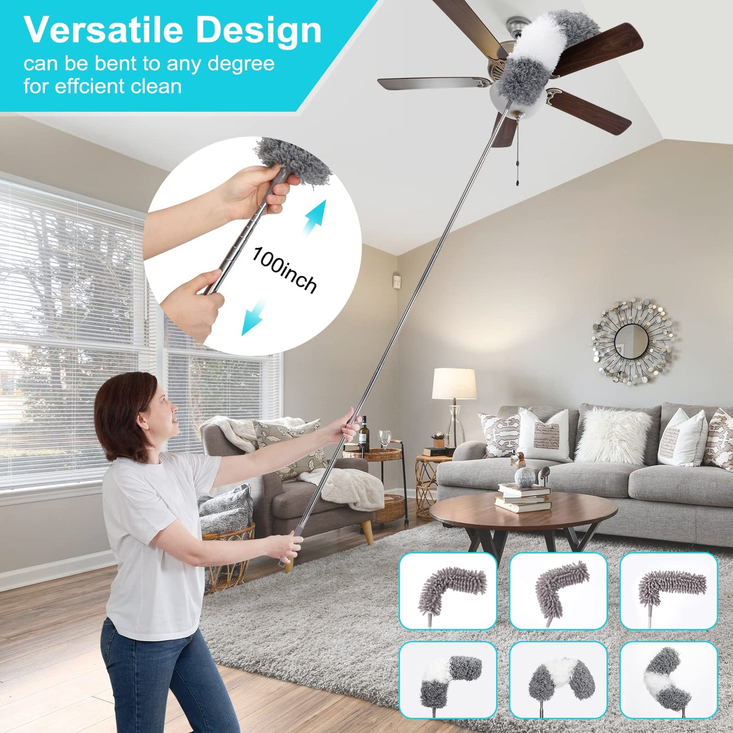 12pcs Microfiber Dusters, Duster with Extension Pole(Stainless Steel) 30 to 100'', Washable