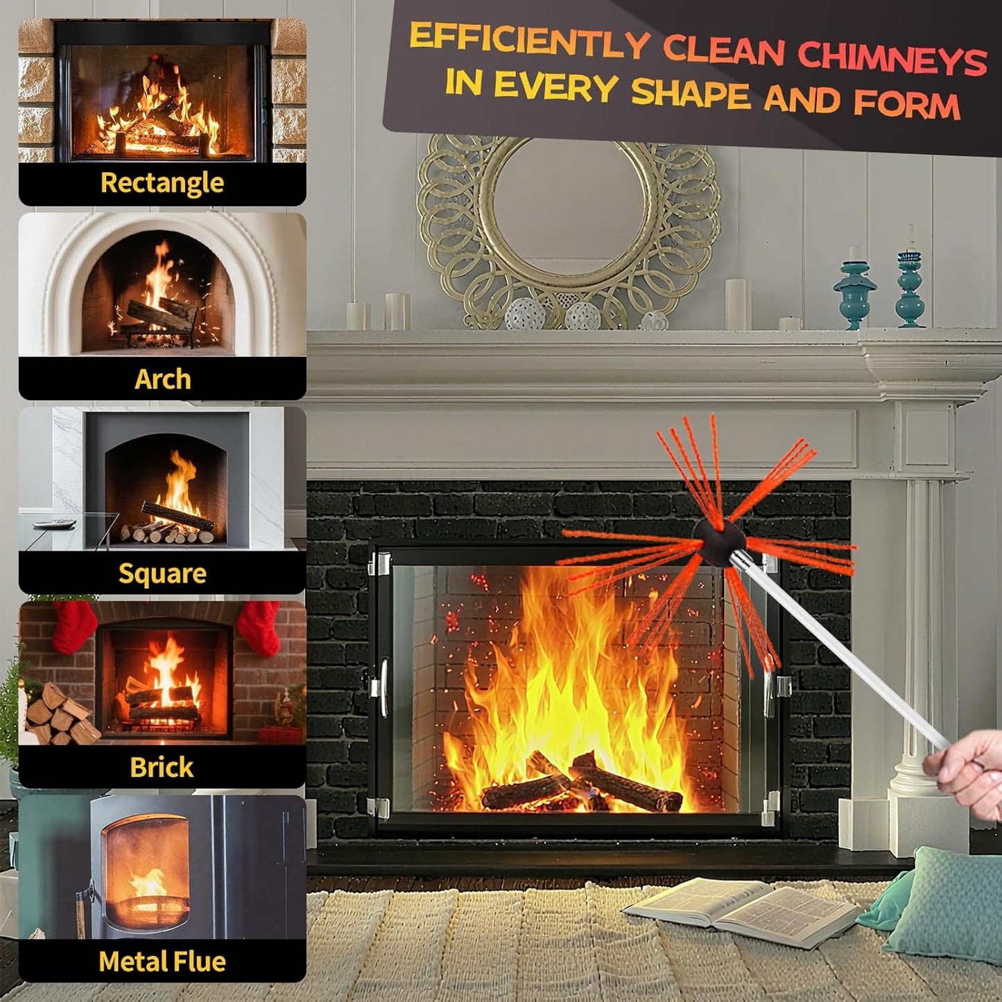 30 Feet Chimney Sweep Kit, Chimney Cleaning Kit with 9 Flexible White Chimney Rods, Chimney Brush