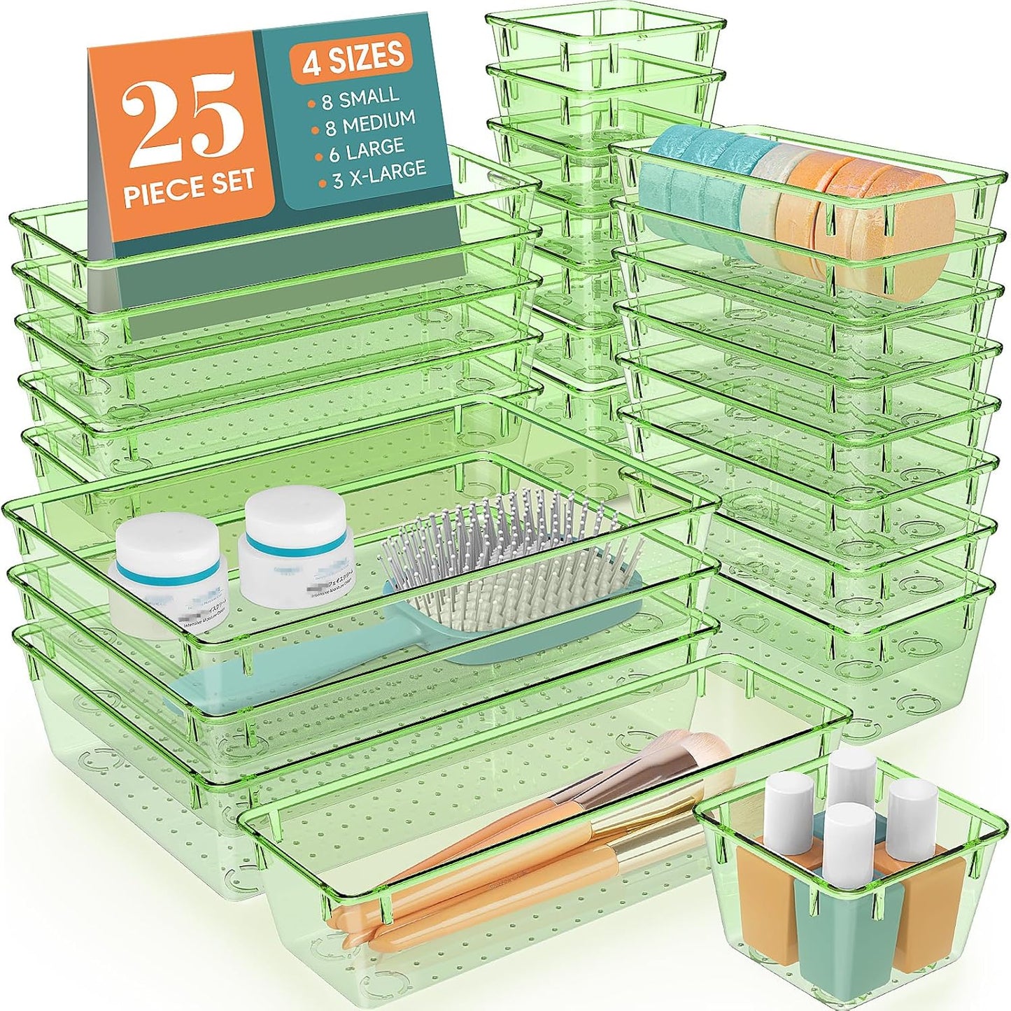 WOWBOX 25 PCS Plastic Drawer Organizer Set, 4 Sizes Desk Drawer Divider Organizers and Storage Bins